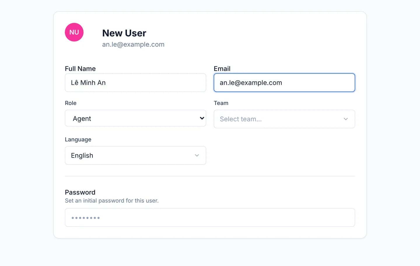 The New User form filled in for Lê Minh An at an.le@example.com, with Role set to Agent and the Password box left empty