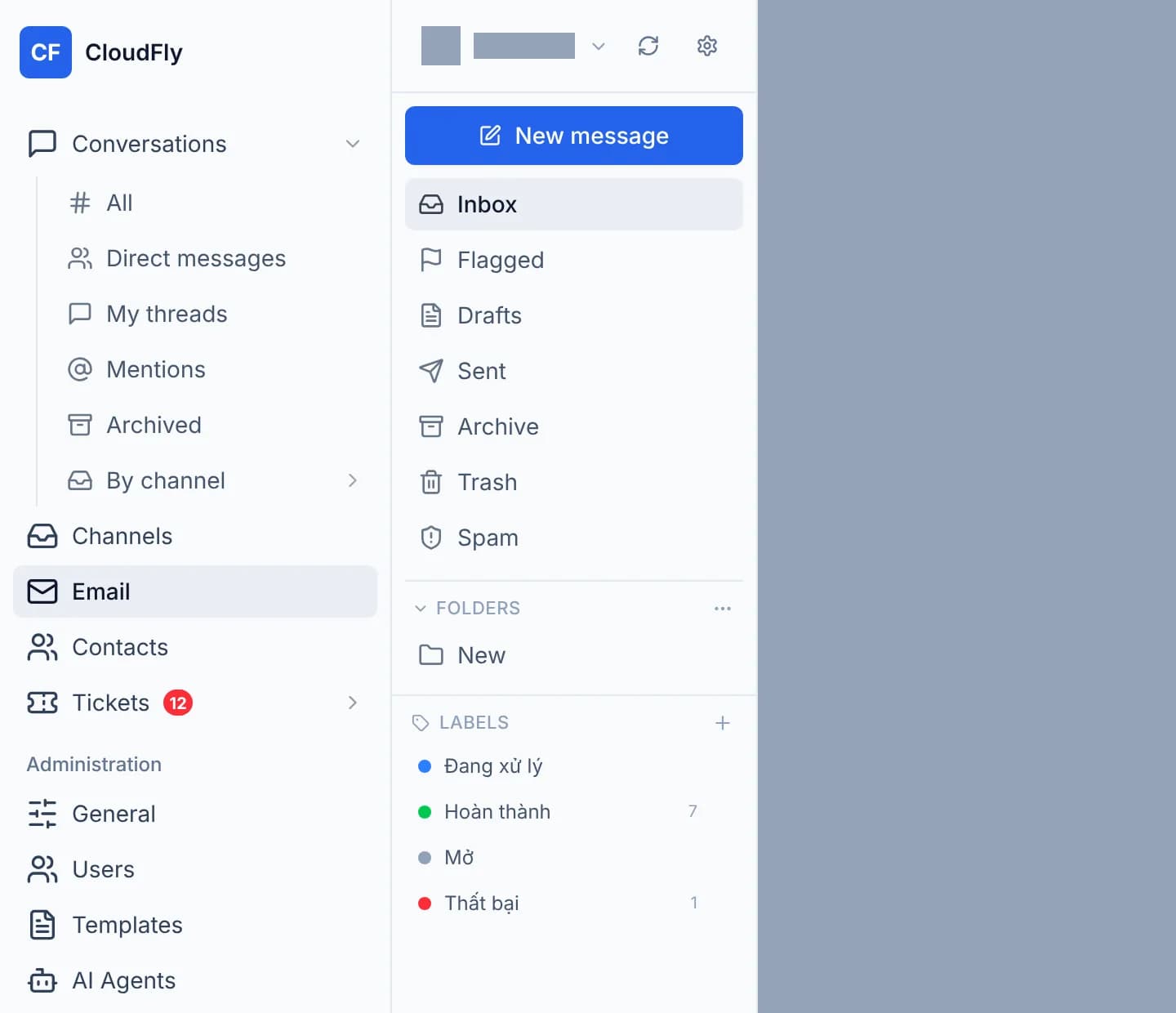 The left column of the Email section: a New message button, the folder tree with Inbox, Flagged, Drafts and Sent, and the coloured label list underneath