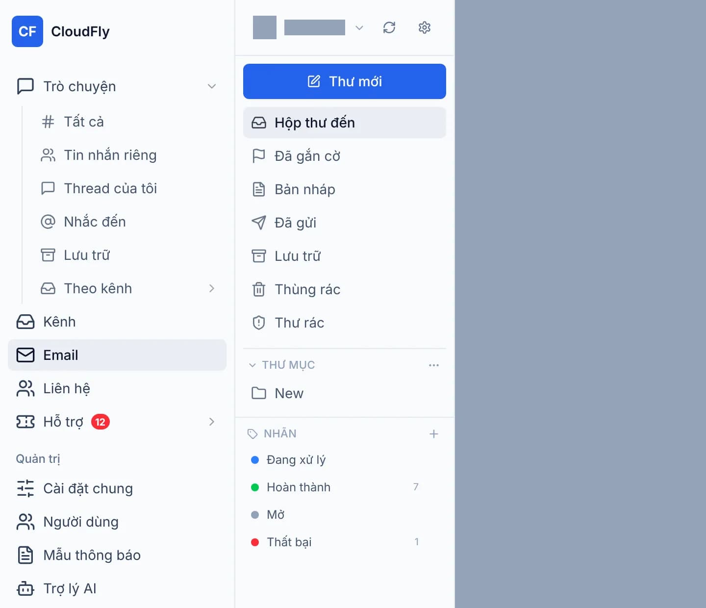 Cột trái của mục Email: nút Thư mới, cây thư mục với Hộp thư đến, Đã gắn cờ, Bản nháp, Đã gửi, và bên dưới là danh sách nhãn màu