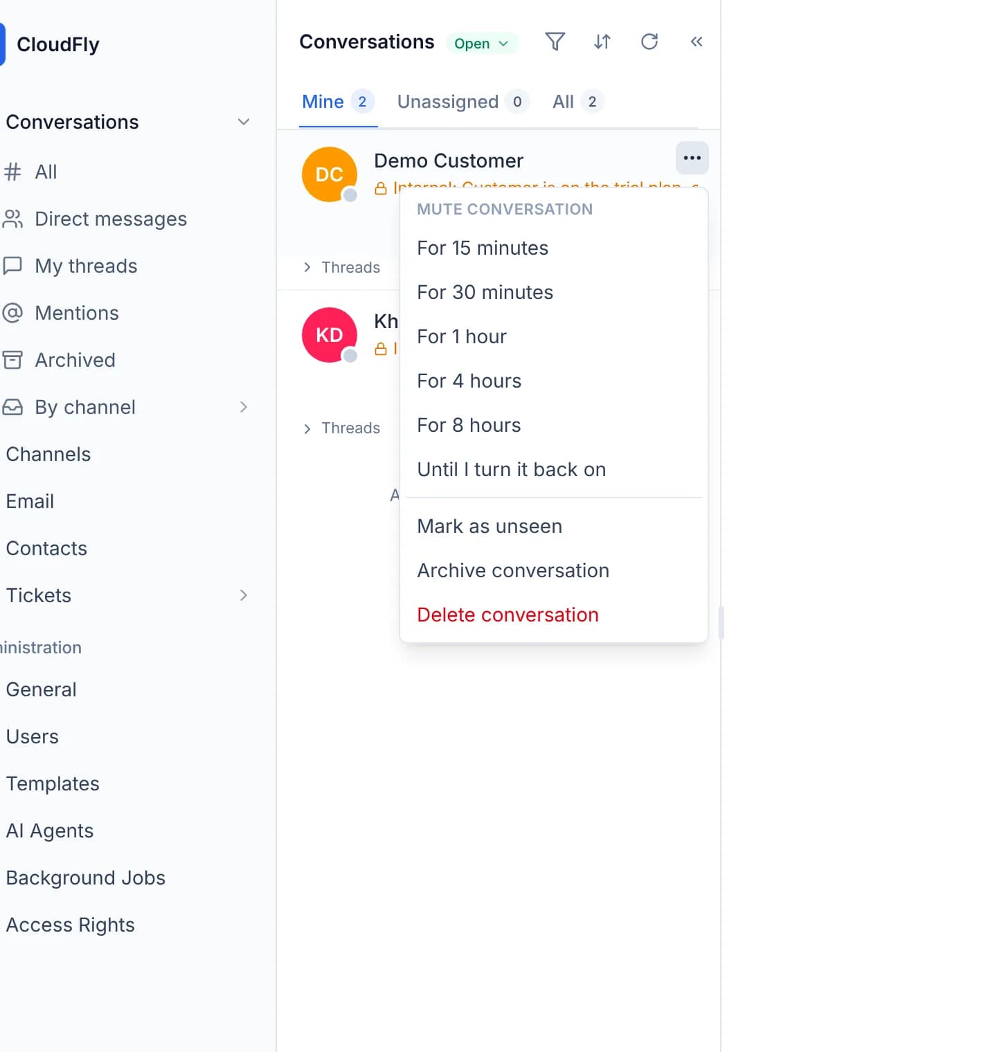 The actions menu open on a queue row, listing mute periods from For 15 minutes to Until I turn it back on, with Mark as unseen and Archive conversation below them