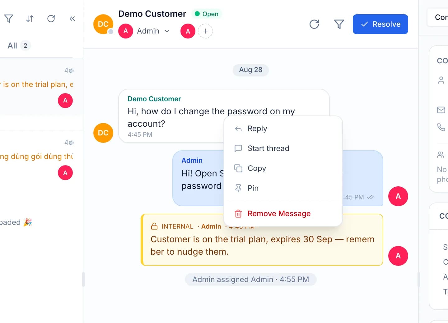 A context menu open beside a message in the timeline, listing Reply, Start thread, Copy and Pin