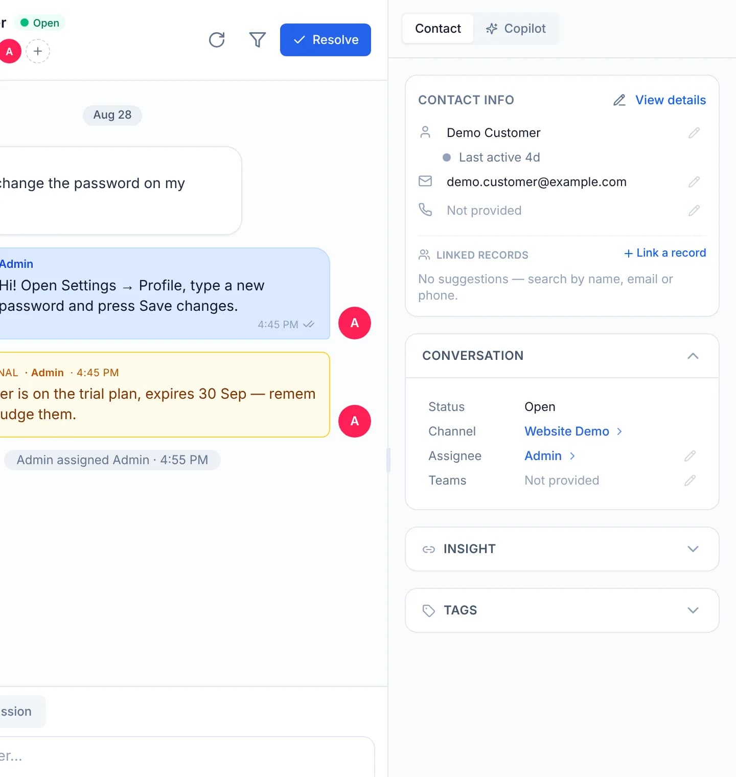 The contact panel beside the timeline, with the Conversation block open showing the Status, Channel, Assignee and Teams rows
