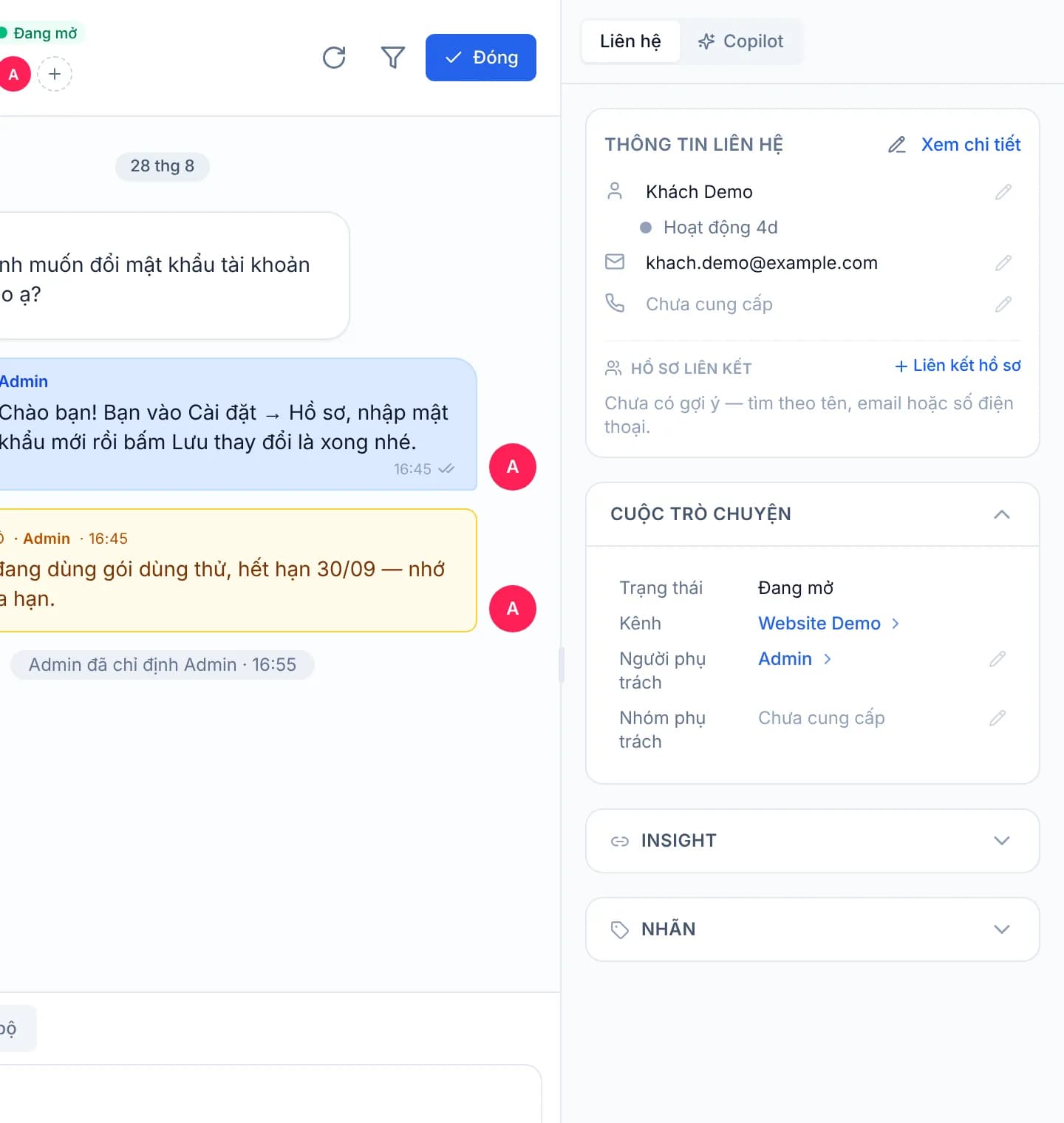 Bảng thông tin liên hệ bên phải khung chat, khối Cuộc trò chuyện đang mở với các dòng Trạng thái, Kênh, Người phụ trách và Nhóm phụ trách