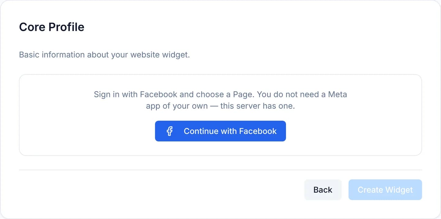 The Core Profile step for a Facebook channel: an outlined box explaining that the server already owns a Meta app, with a blue Continue with Facebook button in the middle