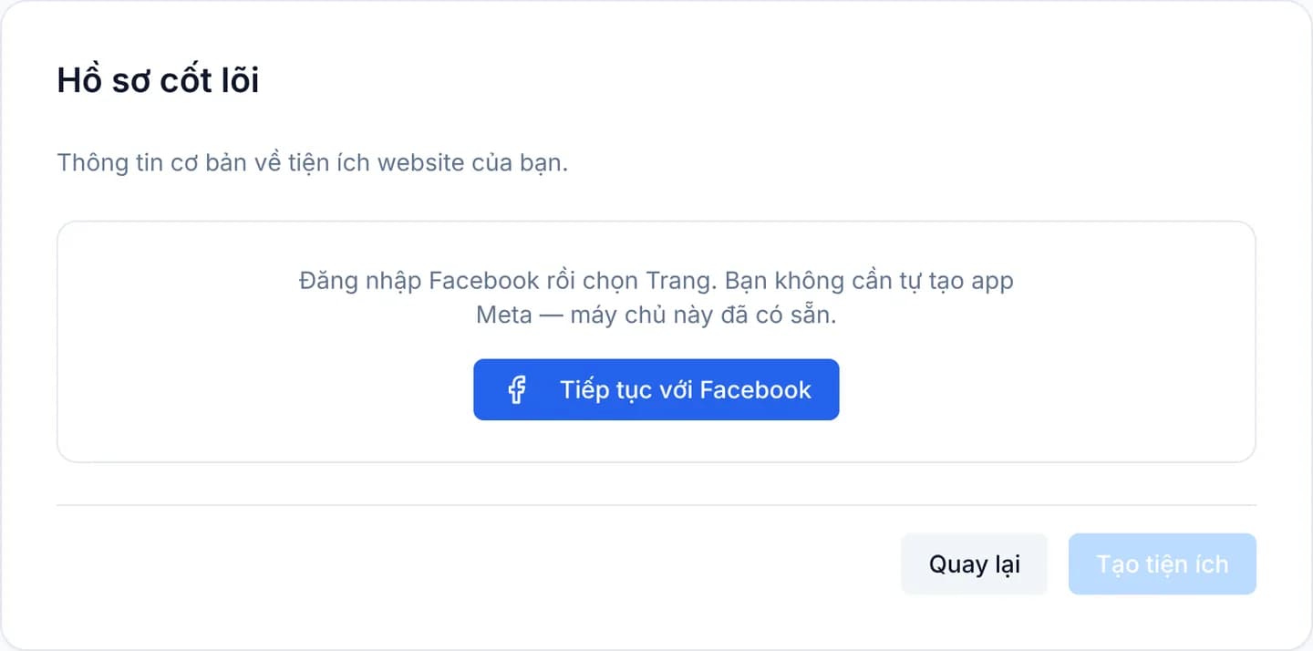 Bước Hồ sơ cốt lõi của kênh Facebook: một khung viền mờ giải thích rằng máy chủ đã có sẵn app Meta, với nút Tiếp tục với Facebook màu xanh ở giữa