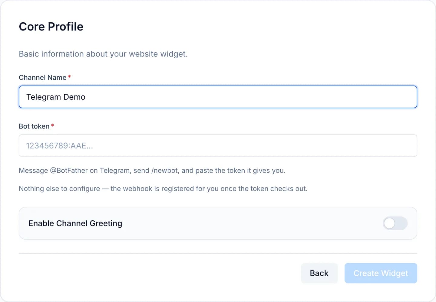 The Core Profile step for a Telegram channel with a Channel Name field, an empty Bot token field showing its format hint, and two notes about @BotFather and the automatic webhook