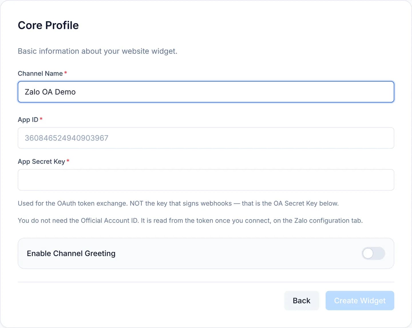 The Core Profile step for a Zalo OA channel with a Channel Name field, an App ID field, an App Secret Key field and two small notes underneath