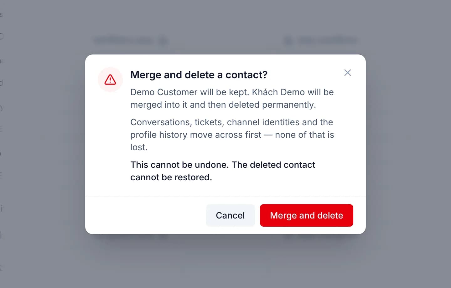 The Merge and delete a contact confirmation box, naming the record that is kept and the record that is deleted, listing the categories that move and the line saying this cannot be undone