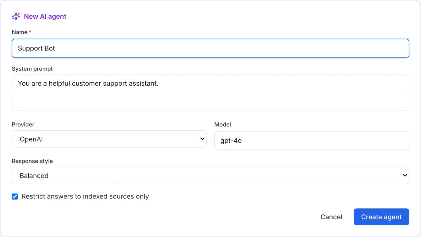 The New AI agent form with Name, System prompt, Provider and Model fields, a Response style select, and the checkbox restricting answers to indexed sources