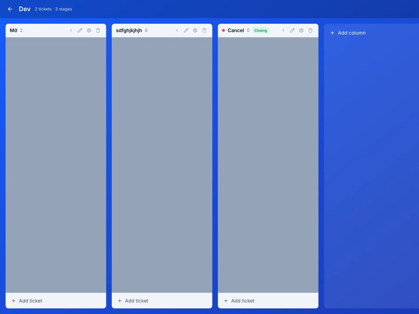 A Kanban board on a blue background with four columns side by side, each showing a colour dot, a stage name and a ticket count; the card area of every column is masked