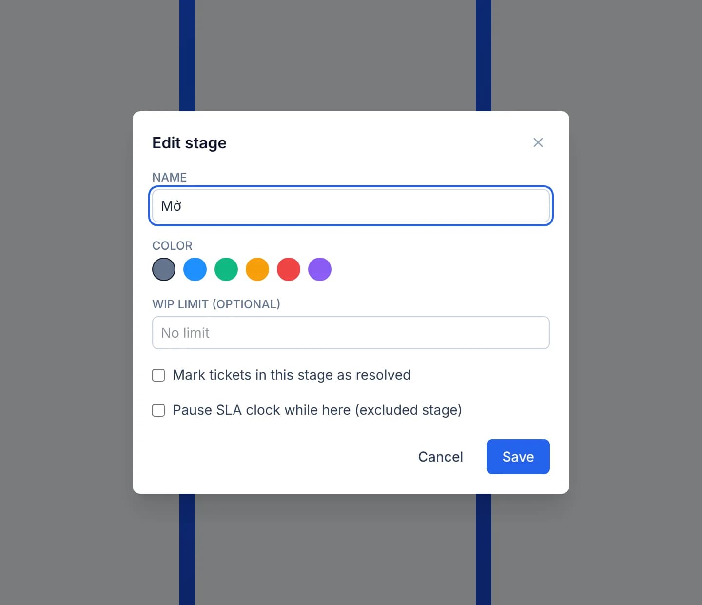 The Edit stage dialog with a Name box, a row of six colour swatches, an empty WIP limit box and two checkboxes beneath it