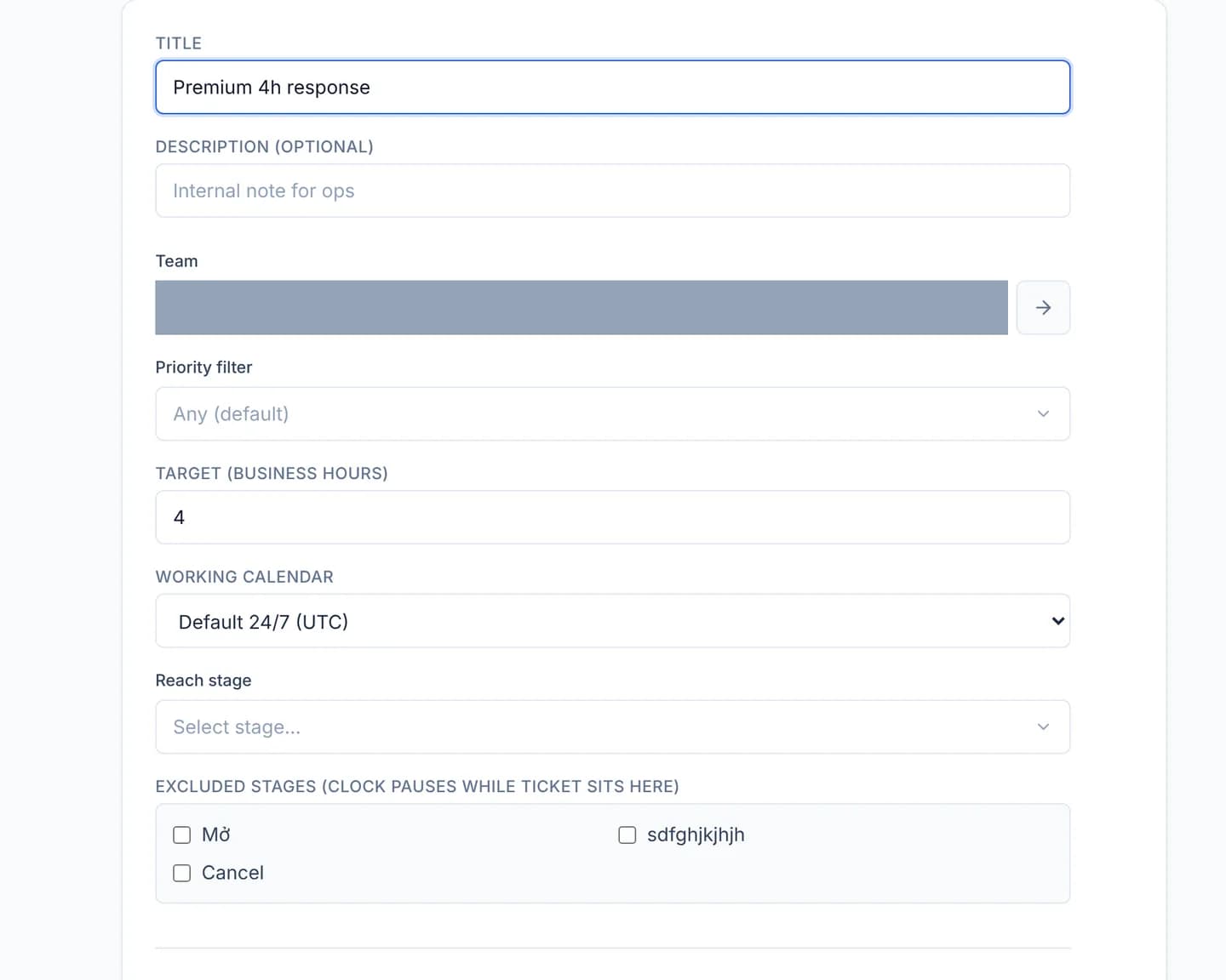 The SLA policy form showing Title, Description, Team, Priority filter, Target (business hours) and Working calendar fields, with the Team value masked