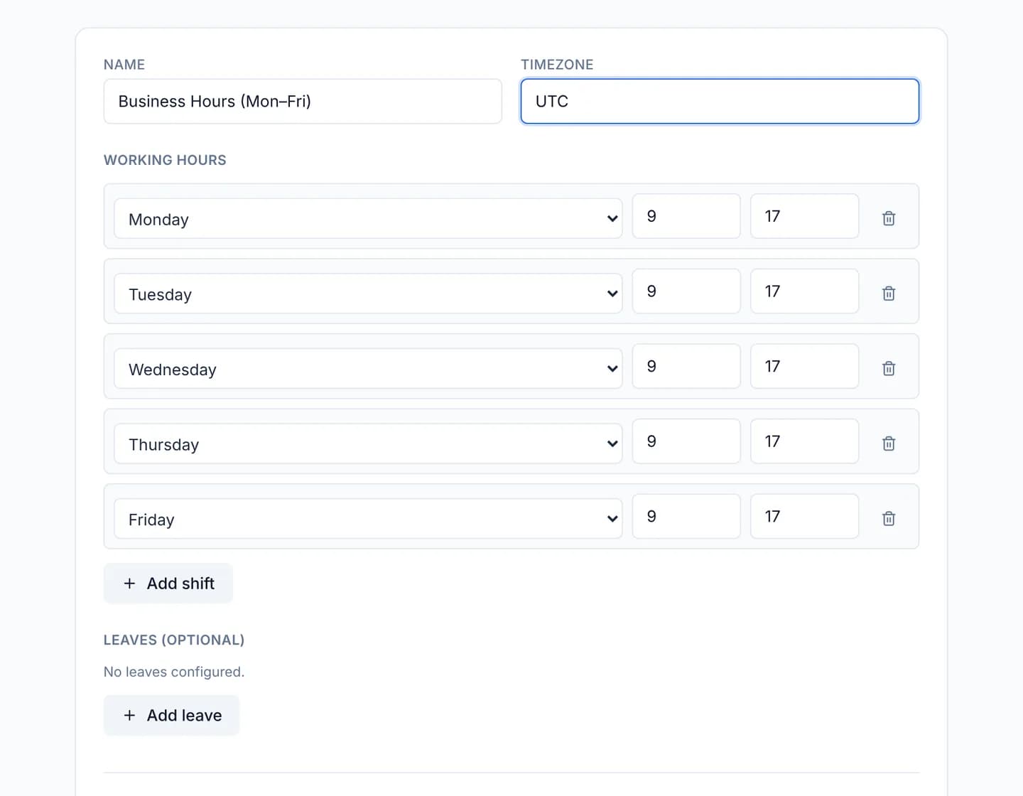 The working calendar form with a Name box, a Timezone box and a Working hours block listing five shift rows from Monday to Friday