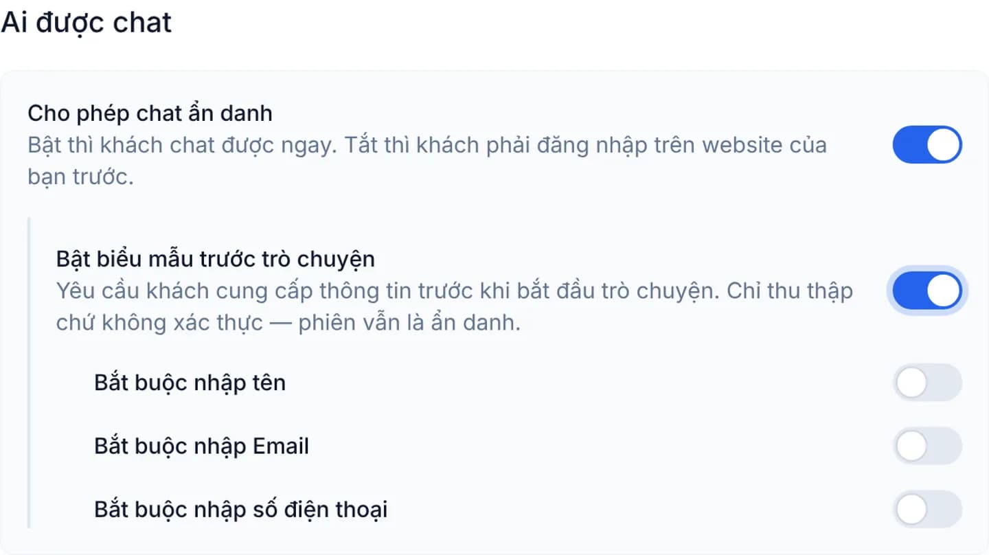 Phần Ai được chat trong tab Cấu hình: công tắc Cho phép chat ẩn danh đang bật, bên dưới là công tắc Bật biểu mẫu trước trò chuyện lùi vào trong một đường kẻ dọc