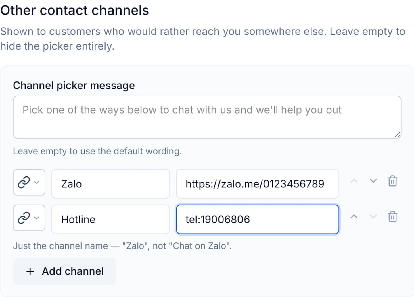 The Other contact channels block with the picker message field above and two channel rows below, one for Zalo and one for a hotline, each with an icon box, display name, link and three ordering buttons