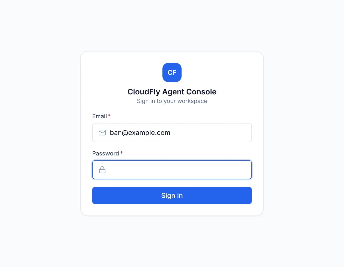 The sign-in card with ban@example.com filled into the Email box, an empty Password box, and a blue Sign in button underneath