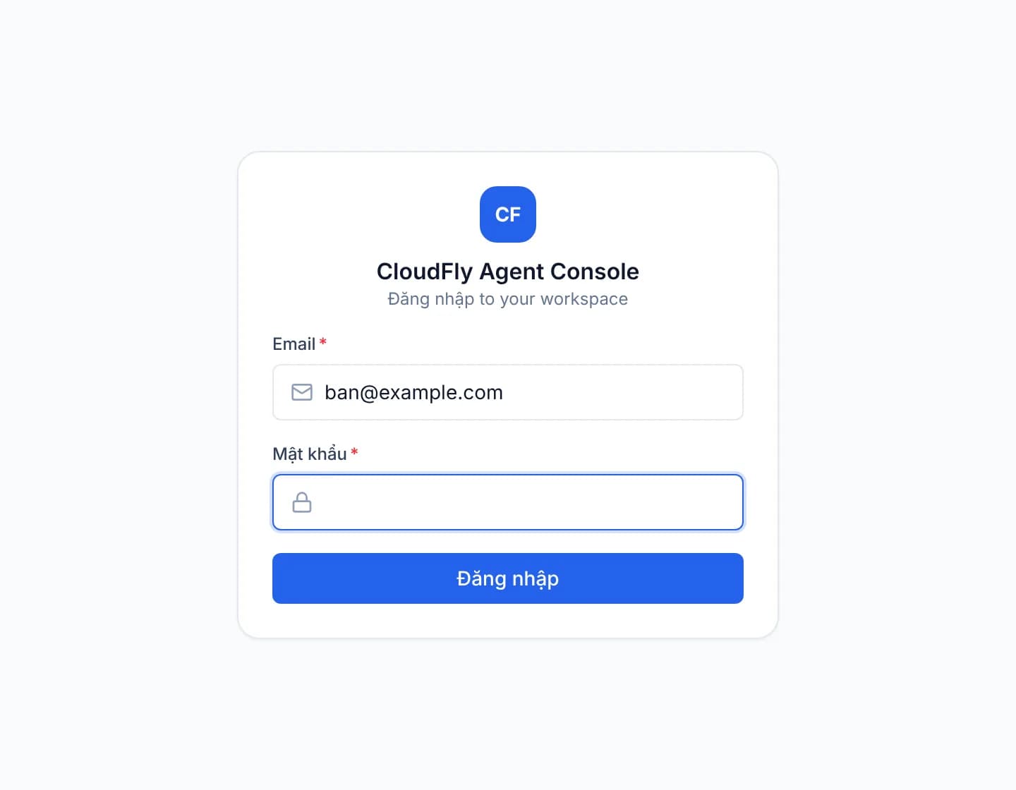 Thẻ đăng nhập với ô Email đã điền ban@example.com, ô Mật khẩu còn trống và nút Đăng nhập màu xanh bên dưới