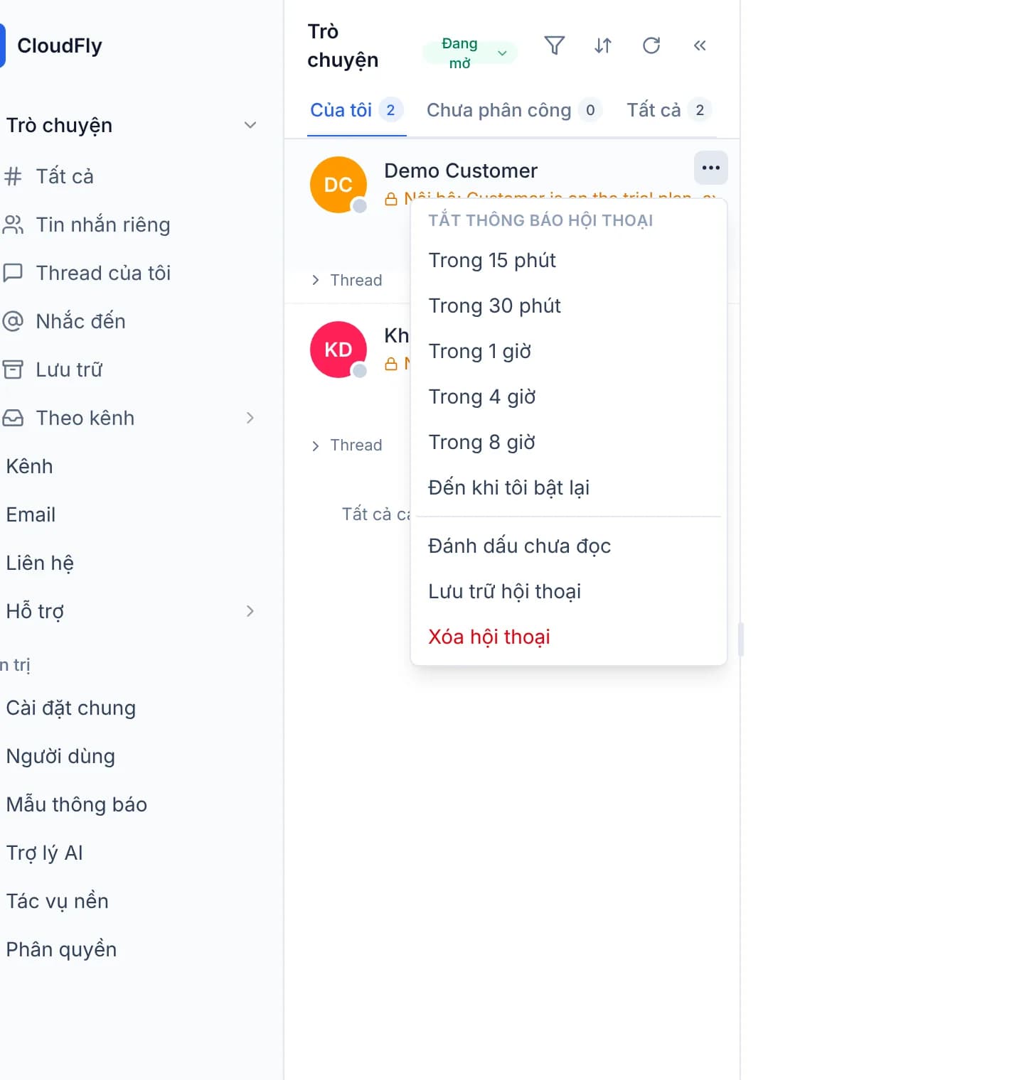 Menu hành động mở trên một dòng hàng đợi, liệt kê các mốc tắt thông báo từ Trong 15 phút đến Đến khi tôi bật lại, bên dưới là Đánh dấu chưa đọc và Lưu trữ hội thoại