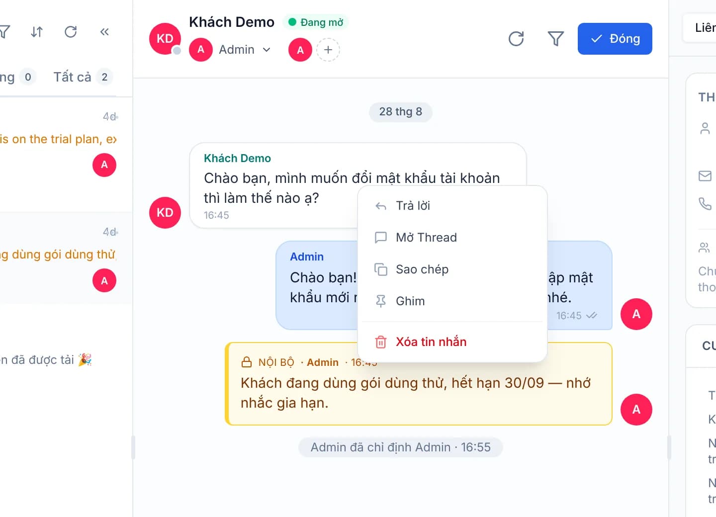 Menu chuột phải mở cạnh một tin nhắn trong khung chat, với các mục Trả lời, Mở Thread, Sao chép và Ghim