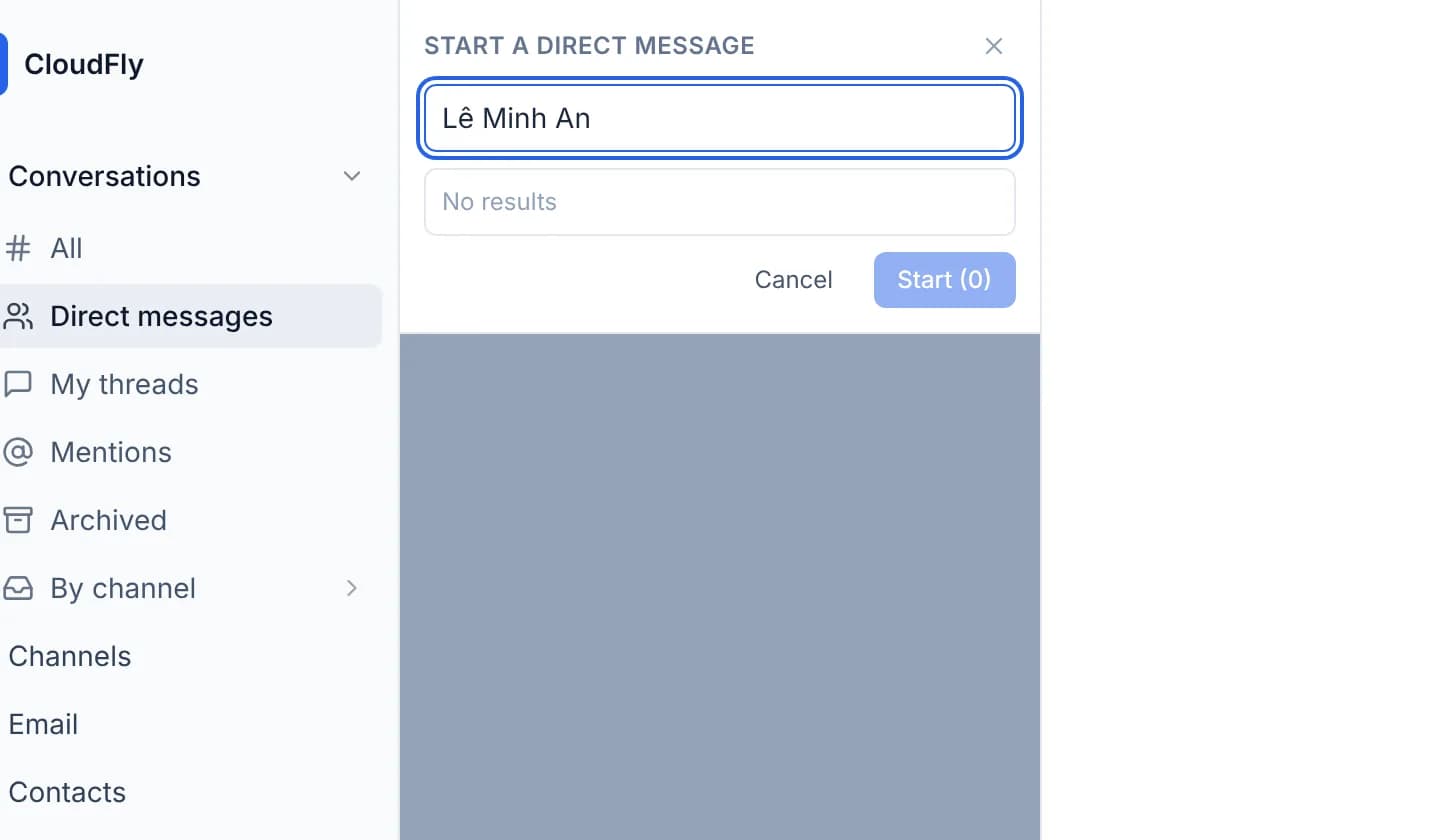 The Start a direct message panel at the top of the queue column, its search box holding a name that matches nobody, with the list of existing private rooms below painted over