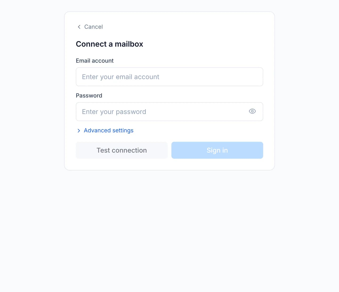 The Connect a mailbox card with an Email account field, a Password field, an Advanced settings disclosure and the Test connection and Sign in buttons beneath