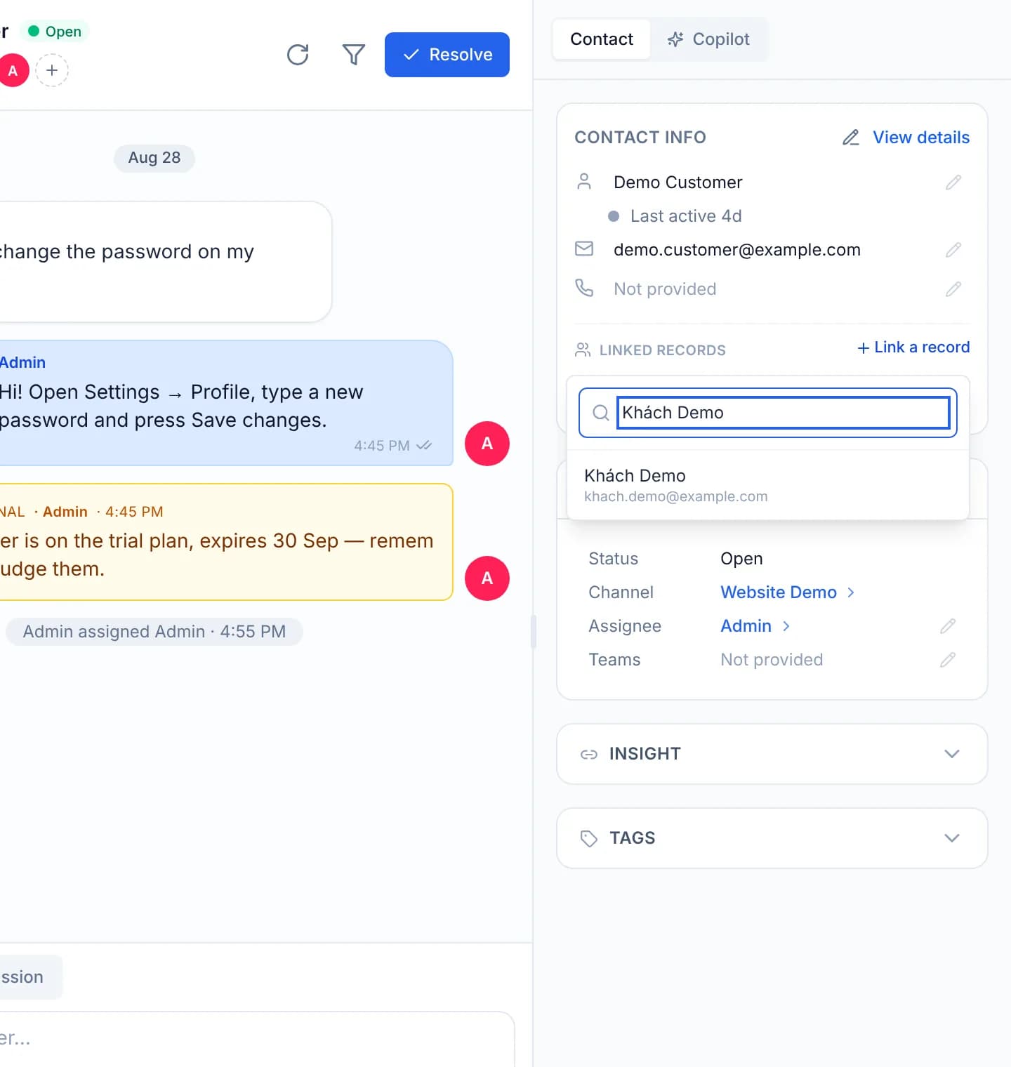 The contact information panel with the Linked records block open over a search box, and one result row carrying the name and email of the demo customer record