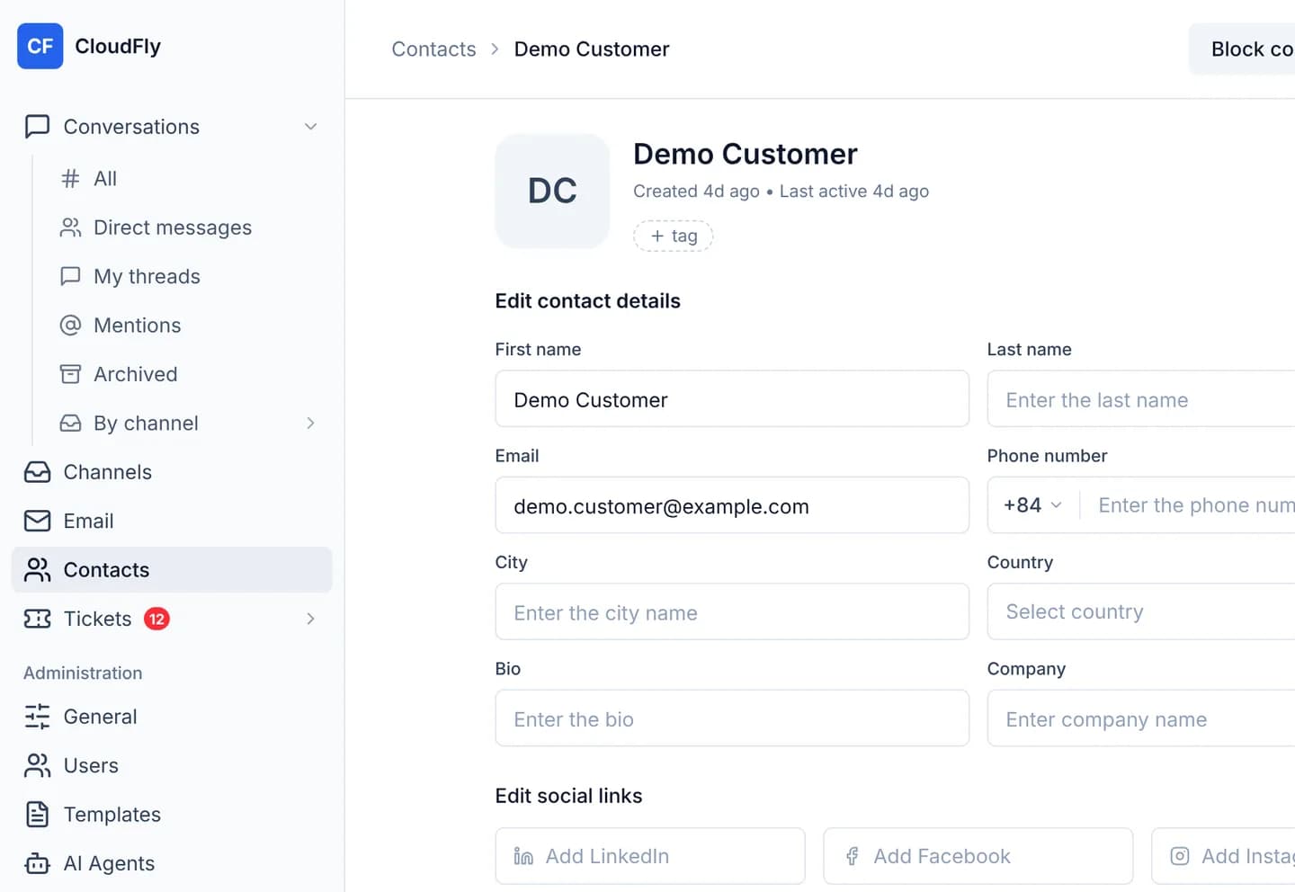 The head of a demo customer record: a Contacts breadcrumb, the customer name, a Block contact button and a blue Send message button on the right