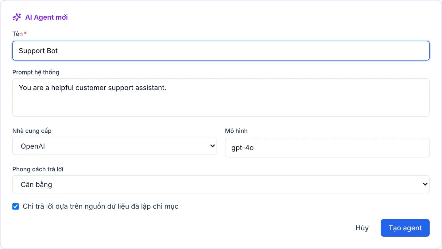 Biểu mẫu AI Agent mới với ô Tên, ô Prompt hệ thống, hai ô Nhà cung cấp và Mô hình, ô Phong cách trả lời và ô tích giới hạn nguồn dữ liệu