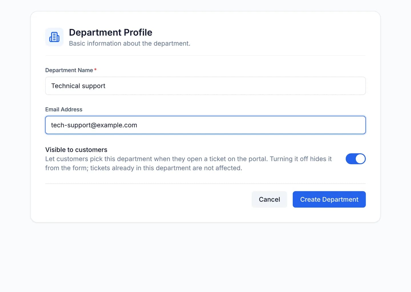The department creation form with Department Name and Email Address filled in, and the Visible to customers switch turned on below them