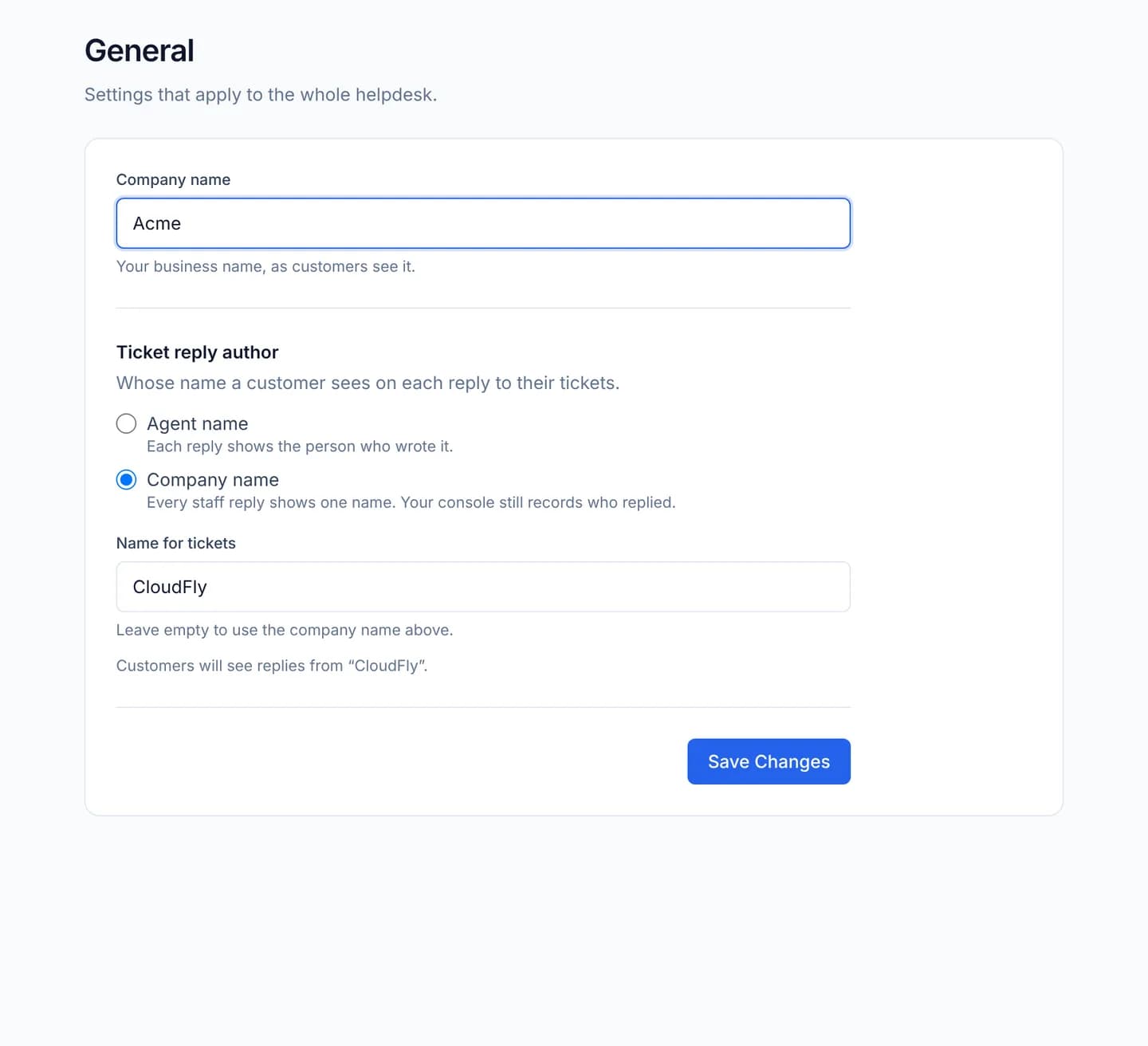 The General settings card with Company name filled in, the two Ticket reply author choices, and the Name for tickets box revealed by picking Company name
