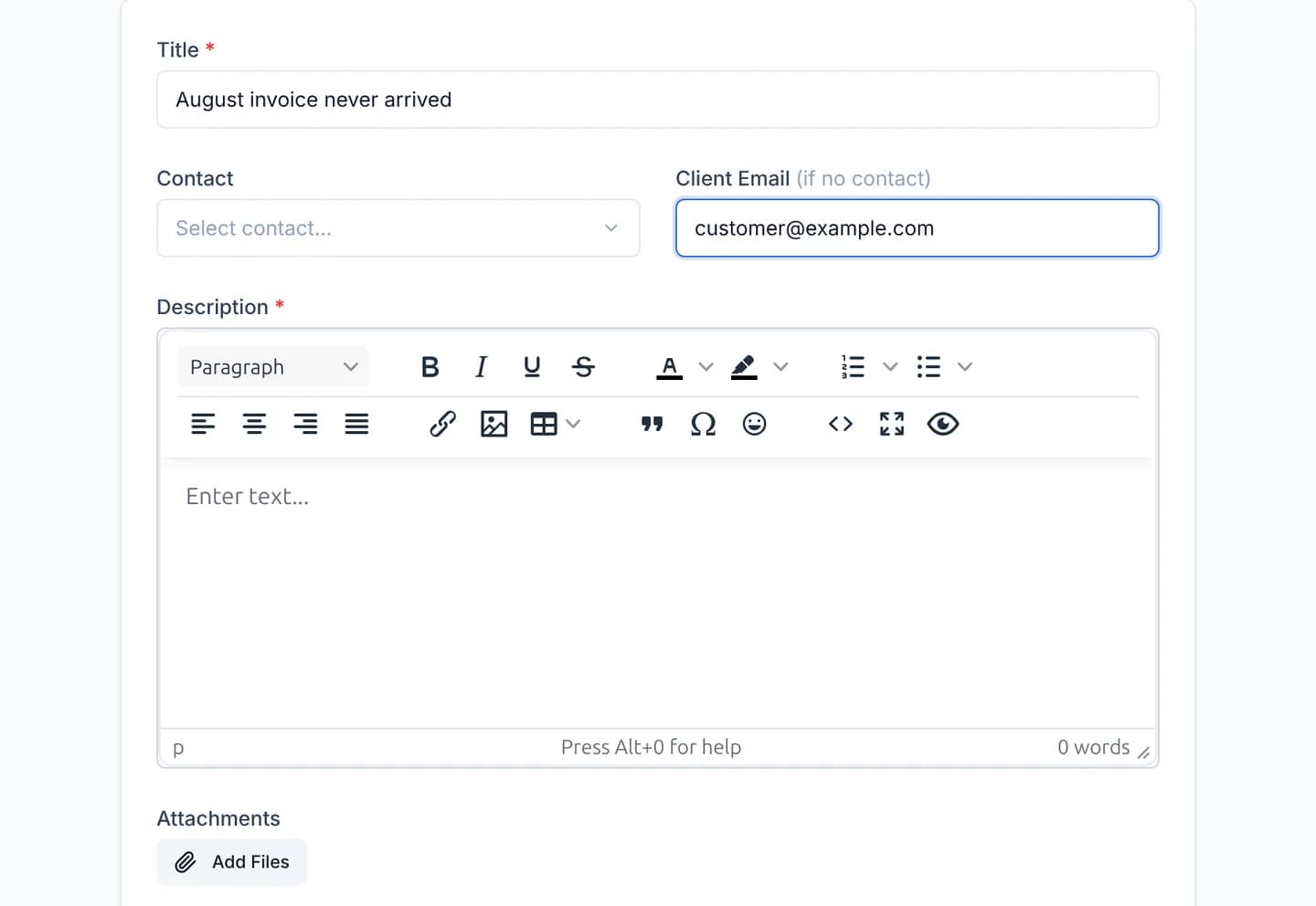 The new ticket form with Title filled in, an empty Contact box and customer@example.com typed into Client Email
